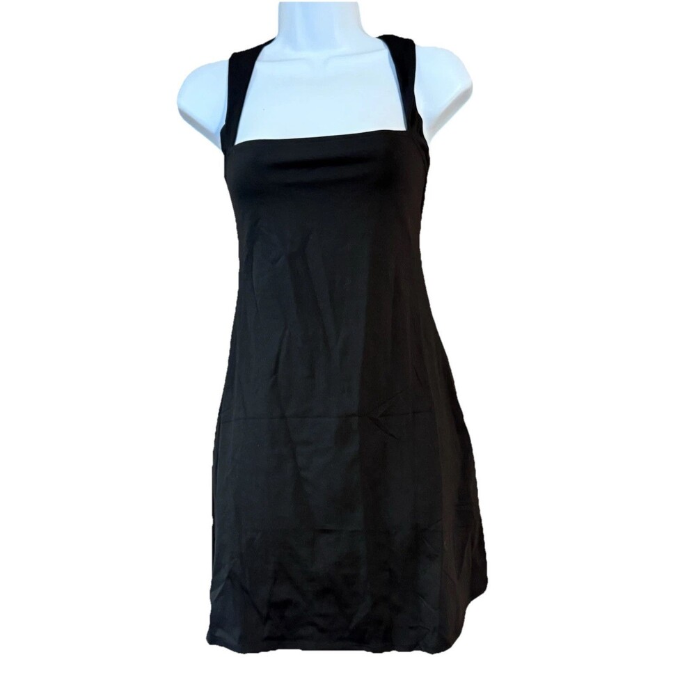 Qinsen Black Mini Dress Size Small Square Neckline Moisture Wicking  NWT